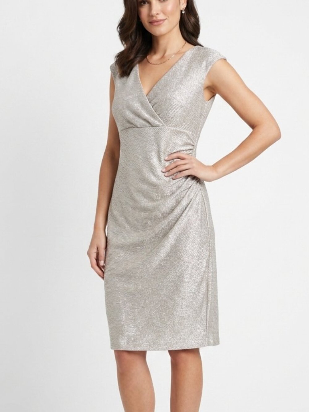 Ruched V-Neck Marina Gold Silver‎ Metallic Sheath Cocktail Dress Size 16